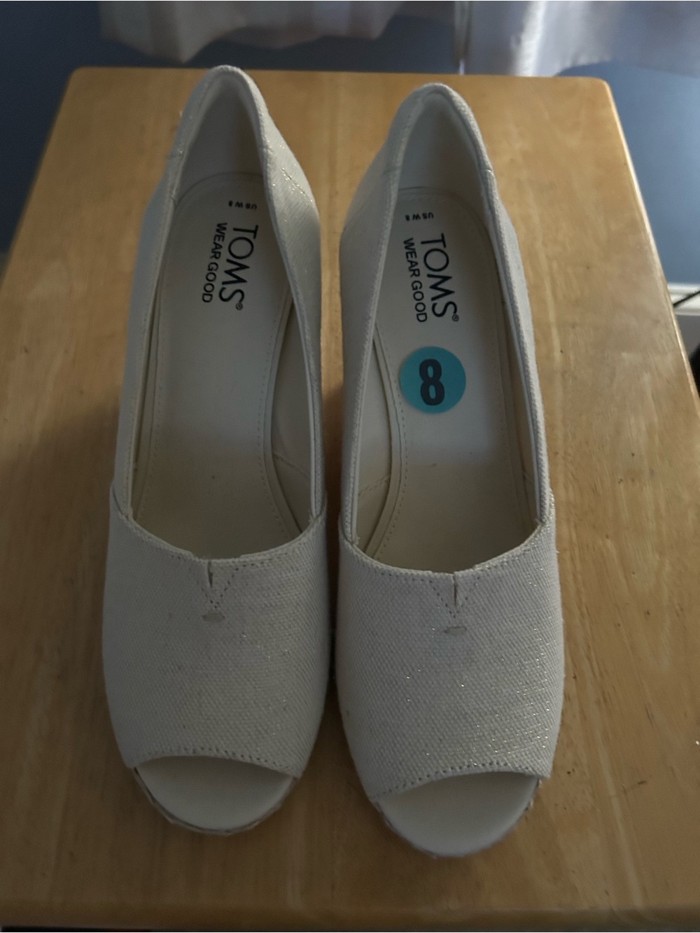 TOMS Cream Sparkle Peep-Toe Canvas Wedges